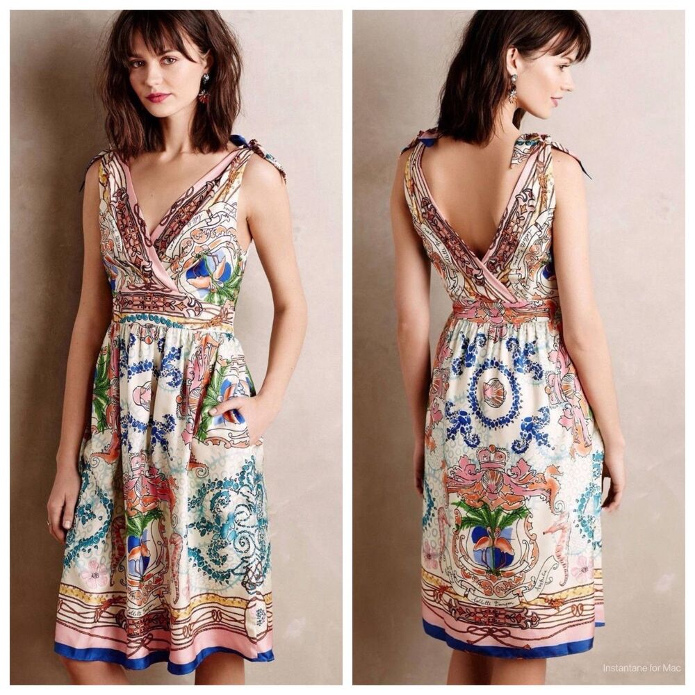 Anthropologie x Collette Dinnigan 100% Silk Midi Dress Shoulder Bows Women Sz. 2